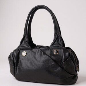 Marc Jacobs Pebble Leather Satchel Bag Shoulder Zipper Logo Hobo Tote Black Gold